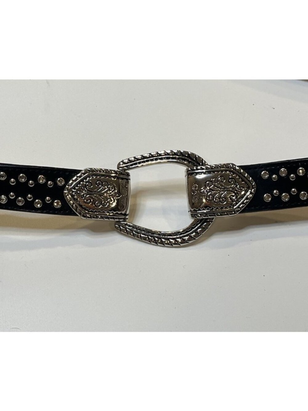 Genuine Leather Western Studded Belt Silver Horseshoe Buckle Black 40" Medium